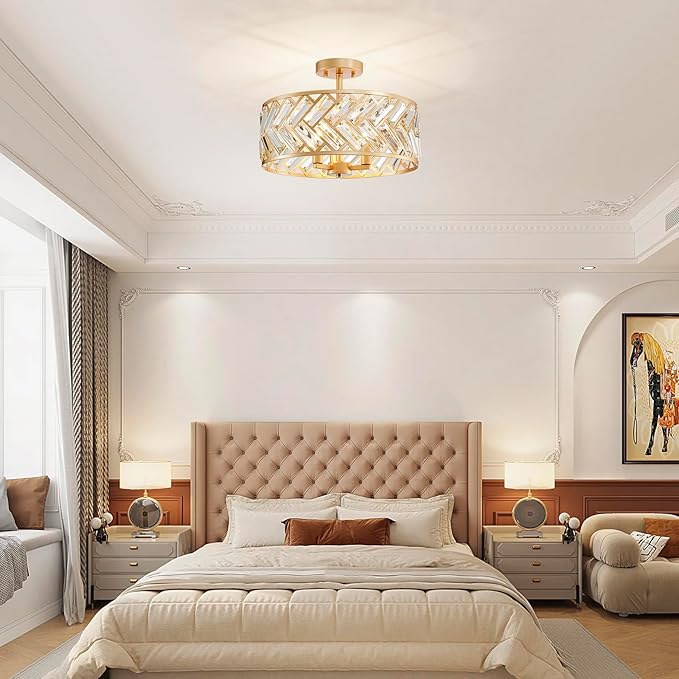 AGV LIGHTING CL052G K9 Crystal Ceiling Light, Flushmount Ceiling Light Fixture for Living Room, Close to Ceiling Modern Design, 3-Lights, D15 x H11 in, Clear Crystal & Gold Finish Frame