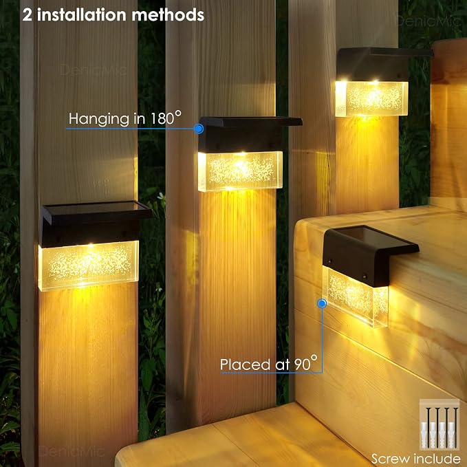 DenicMic Solar Deck Lights Outdoor Waterproof 6 Pack Fence Step Patio Decor | Warm White/Color Changing LED Outside Stair Railing Wall Pool Side Yard Garden 10 Lumen Acrylic Bubble Square Lampshade ABS