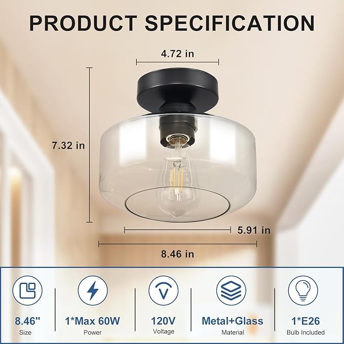 Industrial Semi Flush Mount Ceiling Light: Black Kitchen Lighting Fixtures Ceiling with Clear Glass - Vintage Hallway Light Fixtures E26 Bulb Included - 8.46” Light Fixtures Mount for Foyer