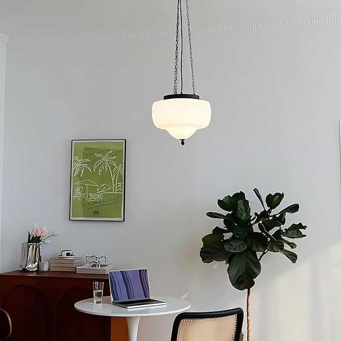 LIGHTLAND Milk Glass Pendant Light, 13 Inch Mid Century Semi Flush Mount Ceiling Light Fixture with 39.4 Inch Adjustable Chain, Vintage Chandelier for Bedroom, Living Room, Dining Room, Hallway