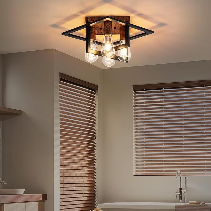 Semi Flush Mount Ceiling Light Fixture, 4 Light Industrial Ceiling Light with Black Frame & Wood Grain Accent, Close to Ceiling Farmhouse Lighting for Kitchen, Bathroom, Bedroom, Hallway (E26,1-Pack)