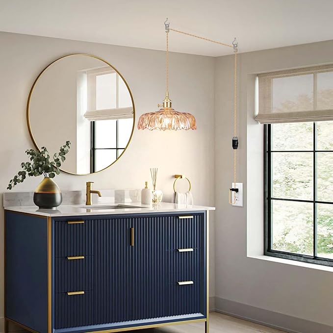 Plug in Pendant Light Fixtures,Amber Glass Lampshade Pendant Lighting 9.4in E26 Hanging Light FixtureCorded On/Off Switch for Kitchen Island, Bedroom, Dining Room