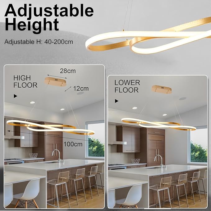 Luxury Gold Modern LED Pendant Light - 39.4in Modern Chandelier for Dining Room Kitchen Island Lighting