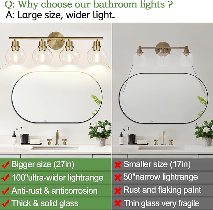 Indoi 4-Light Bathroom Light Fixtures, Brushed Brass Bathroom Lights Over Mirror with Clear Glass Globe Shade, Vanity Lights for Bathroom Kitchen Living Room Hallway Cabinet Bedroom Porch