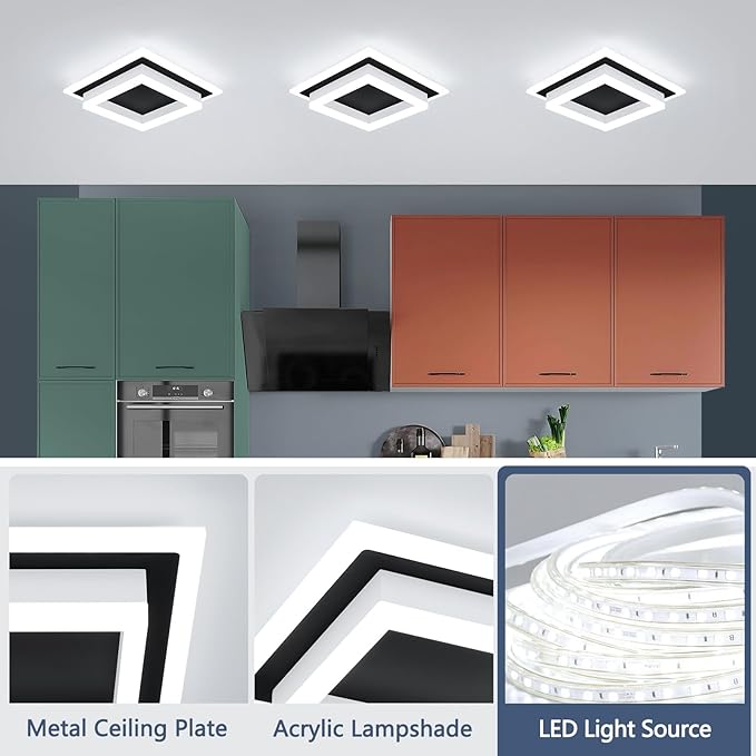 32W Modern LED Ceiling Light, Small Flush Mount Light Fixture, Kitchen Ceiling Lighting Fixtures 6000K, Square Hallway Lighting Fixtures for Living Room Bedroom Bathroom 2 Pack