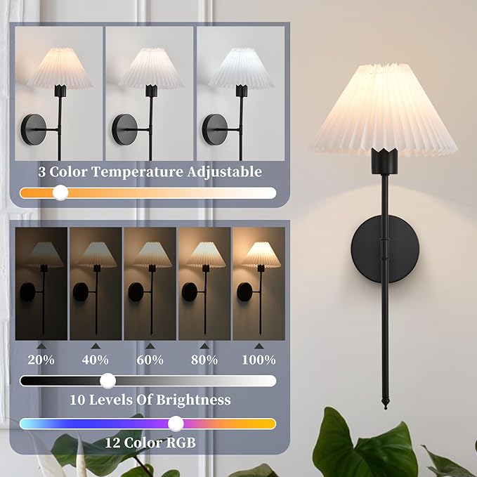 Battery Operated Wall Sconces Set of 2, Black Rechargeable Wall Lights with Pleated Shades, Dimmable Wall Lamp with Remote, Easy to Install, 15 Colors Wireless Lighting for Living Room Bedroom
