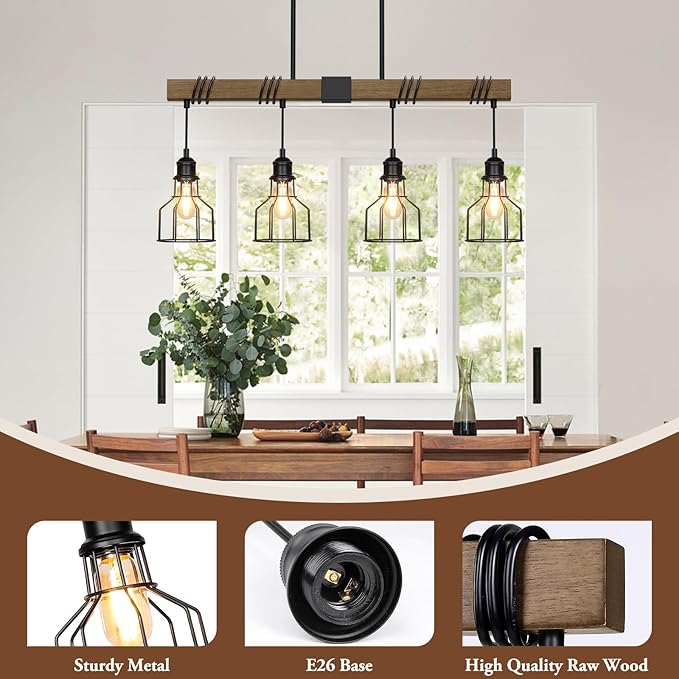 4-Light Kitchen Island Lighting, 63" Adjustable Height Pendant Light Fixtures Black Metal & Rustic Wood Modern Dining Room Chandelier Over Table with E26 Base for Farmhouse Bar