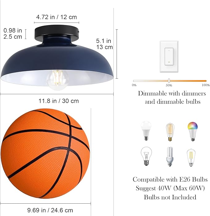 2 Pack 12 Inch Metal Semi Flush Mount Ceiling Light Fixture Industrial Small Ceiling Lights Kitchen Lighting Fixtures Ceiling with Navy Blue Shade for Hallway Entryway Bedroom Foyer Bathroom Laundry