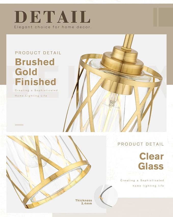 Beionxii 2 Pack Brushed Gold Pendant Lights Kitchen Island, Modern Kitchen Pendant Lighting Over Island, Farmhouse Industrial Cage Hanging Lighting with Clear Glass for Sink,Dining Room, BX-PL07BG-2PK