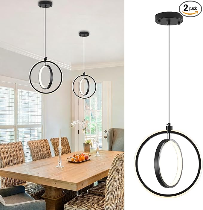 Modern LED Pendant Lights, 2 Pack Ring Pendant Light Fixtures for Kitchen Island, 3000K Warm White Pendant Lighting for Dining Room, Living Room, Bedroom, Bathroom