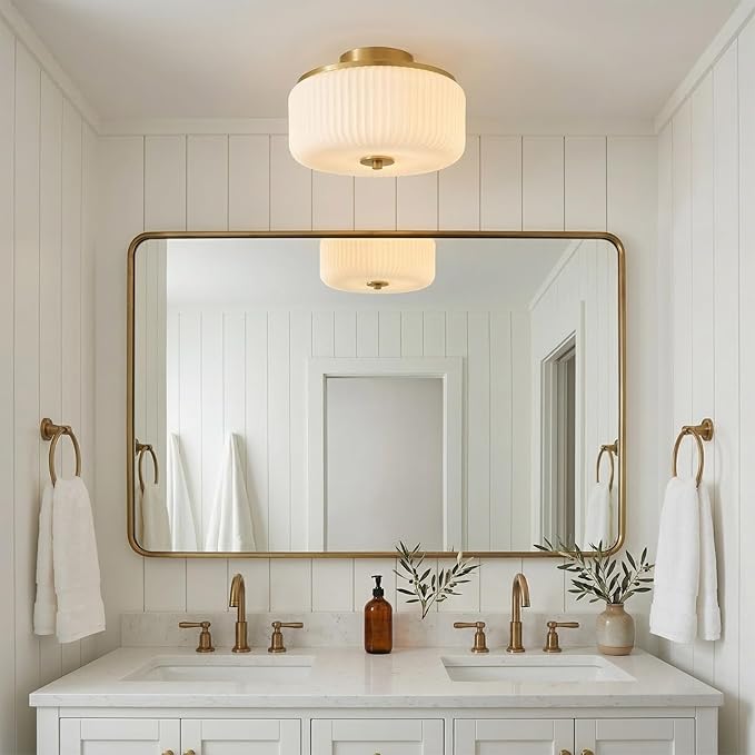 3-Light Gold Flush Mount Ceiling Light, 11.8" Modern Schoolhouse Light Fixtures Ceiling Mount with Ribbed Opal White Glass Shade, Anti-Glare Close to Ceiling Lamp for Bedroom Kitchen Hallway Entryway