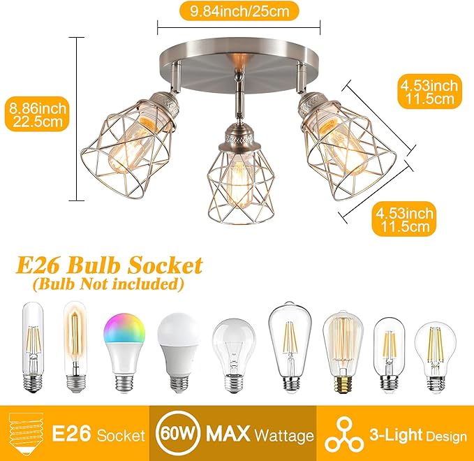 Kitchen Light Fixtures Ceiling Mount, Adjustable Semi Flush Mount Ceiling Light, Multi-Directional Lamp for Kitchen, Hallway, Dining Room, Farmhouse with E26 Base (Brushed Nickel)