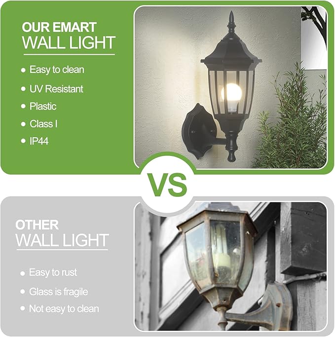 EMART Plastic Outdoor Wall Light Fixtures with Bulbs, Waterproof and Anti-Corrosion Porch Sconces, Exterior Lanterns Wall Mount Lamp for Outside, Garage, Front Door, House, Patio, 2 Pack, Black