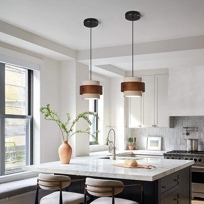 Modern Cement Pendant Light Fixture,Concrete Pendant Lights with Wood Accent,Vintage Farmhouse Chandelier for Kitchen Island Dining Room Living Room Bedroom Restaurant Cafe(White 3-Pack)