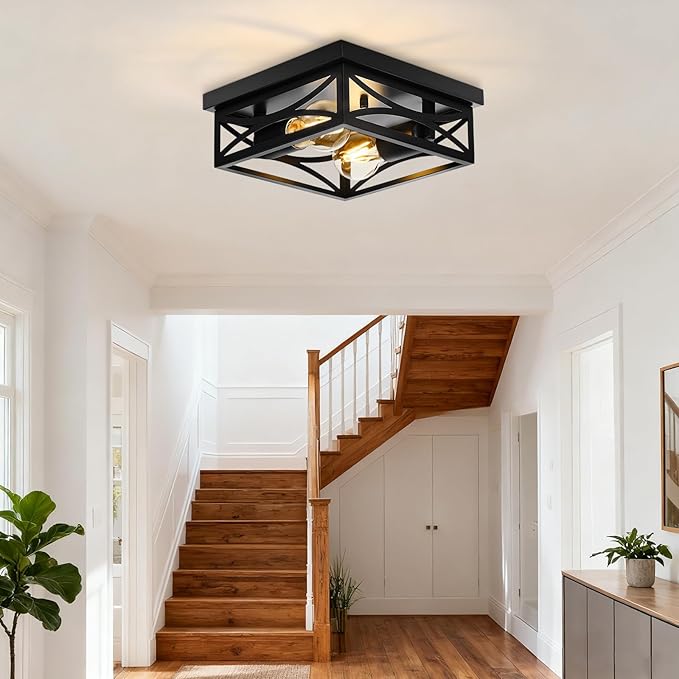 Ceiling Light, Farmhouse Flush Mount Ceiling Light, 2-Light Light fixtures Ceiling Mount, Modern Square Black Light Fixture, Kitchen Lighting Fixtures Ceiling,Bedroom,Balcony