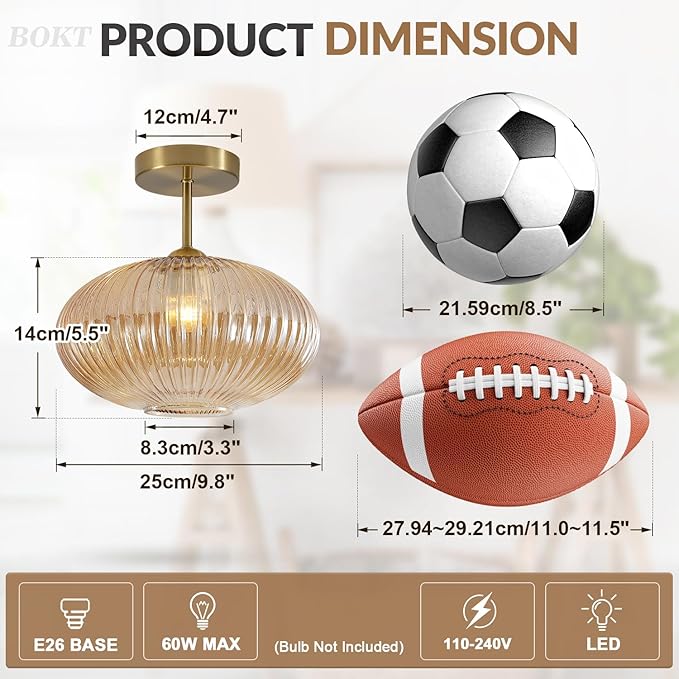 BOKT Amber Glass Flush Mount Ceiling Light Schoolhouse Style Close to Ceiling Lights Set of Two Antique Brass Flush Mount Kitchen Lighting Gold Hallway Ribbed Glass Ceiling Lights