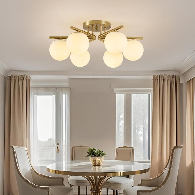 6 Lights Sputnik Ceiling Light Fixture,Semi Flush Mount Ceiling Light Sputnik with Milk Glass Globe, Brushed Brass Chandelier for Living Room, 25.98‘’ Large Mid Century Modern Fixture