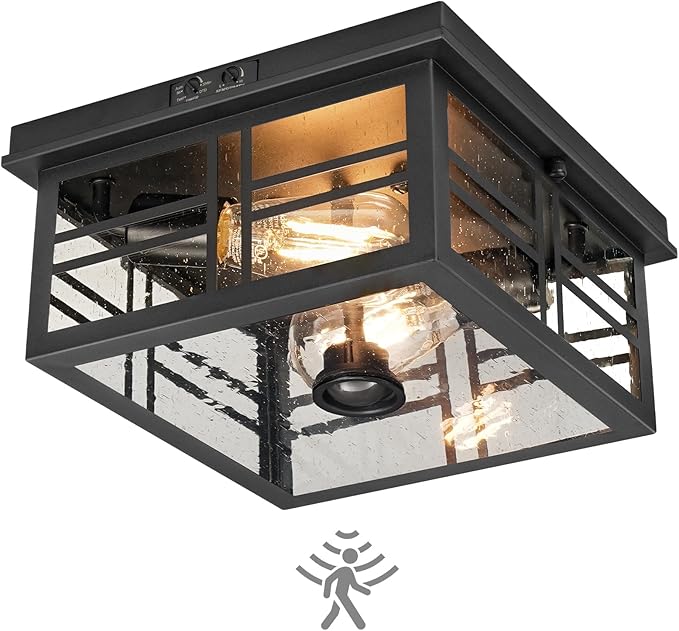 Infrared Sensor Outdoor Ceiling Light, Flush Mount Motion Sensor Ceiling Light, 2-Light Black with Bubble Glass, Bulbs Not Included, 4 Modes, for Porch, Garage, Hallway, Patio,BQ08XD05W1