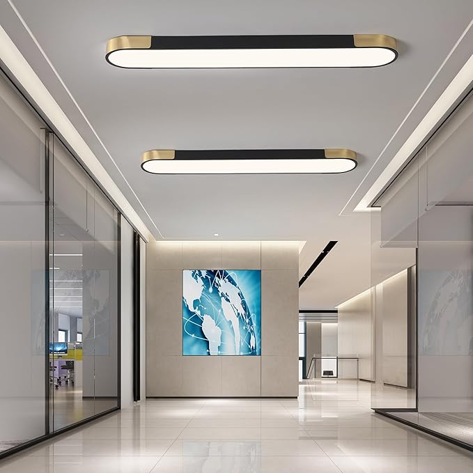Qcyuui 4.59FT LED Flush Mount Kitchen Light Fixtures 65W Dimmable Flush Mount Ceiling Light Fixture Black and Gold Led Ceiling Light Linear LED Ceiling Lamp for Laundry Shop Garage Office