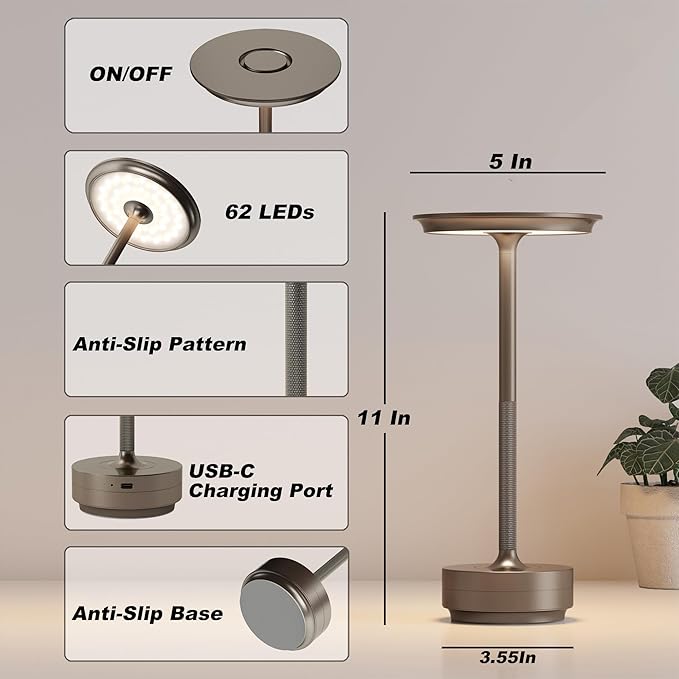 TBBGA 1 Pack Rechargeable Table Lamps Cordless, Portable 5000mAh Outdoor Table Light, 3 Color Stepless Dimming LED Table Lamp with Memory Function, for Home/Dinner/Patio/Restaurant.(Light Cafe)