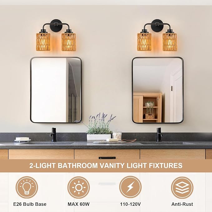 Bathroom Light Fixtures, Rustic 2-Light Vanity Lights Over Mirror Farmhouse Wall Mounted Light Natural Style Wall Lamp Boho Lighting Fixture Rattan Wall Sconce for Bedroom