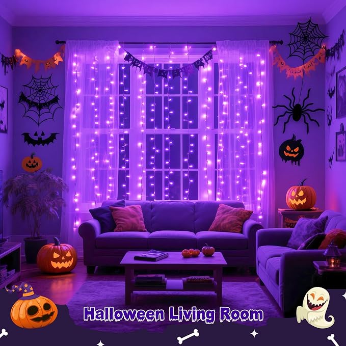 JMEXSUSS 200 LED Halloween Curtain Lights Battery Operated & USB Plug in, 6.6 x 6.6 ft Hanging String Lights Indoor with Remote, Purple Halloween Lights for Bedroom Backdrop Party Outdoor Decorations
