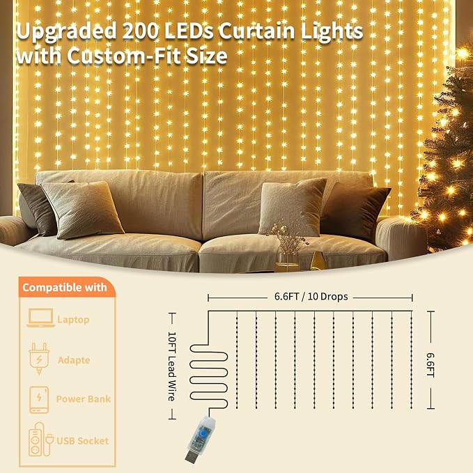 Fairy Curtain Lights, 200 LED Upgraded Tangle-Free Hanging Lights with Remote, USB Plug in String Lights for Bedroom Wall Window Wedding Party Xmas Home Décor - 6.6 x 6.6 Ft, Warm White
