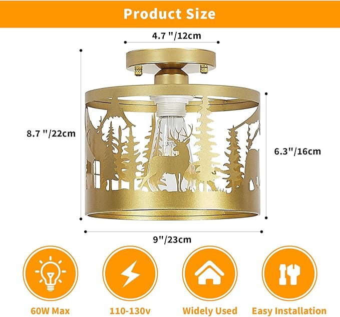 Rustic Semi-Flush Mount Ceiling Light, 9.1" Farmhouse Cabin Fixture with Deer, Bear Design, Gold Metal Ceiling Lamp for Bedroom, Living Room, Hallway, Entryway, E26 Base