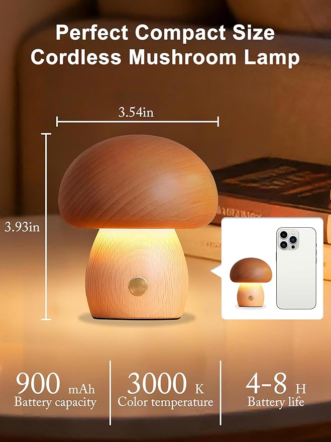 WLHONG Small Wood Table Lamp - 3000K Dimmable LED Nightstand Lamps for Bedroom,Mini Portable Desk Lamps for Home Dorm Office Creative Lighting Housewarming Gifts Night Light (Mushroom)