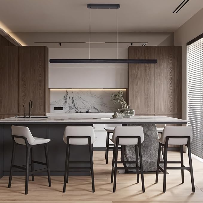 YISDESIGN 47inch Wood LED Linear Pendant Light, Dimmable Wood Ceiling Lamp,Minimalist Linear Chandelier, 36W Warm Light 3000K, Modern Kitchen Island Dining Room Lighting Black Adjustable Height