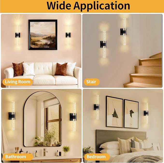 Black Modern LED Wall Sconces Set of Two 3000K-6000K Crystal Bathroom Sconce Lights 12W LED Vanity Light Bar Wall Lights for Bedroom Living Room, 18 Inch, 3 Color Temperature Adjust