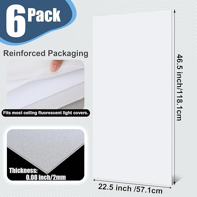 Pushglossy 6 Pack 22.5" x 46.5" x 0.08" Frosted Fluorescent Light Diffuser Panels, Translucent Polystyrene Sheet Replacement for 2x4ft Drop Ceiling Lights for Classroom Office Home