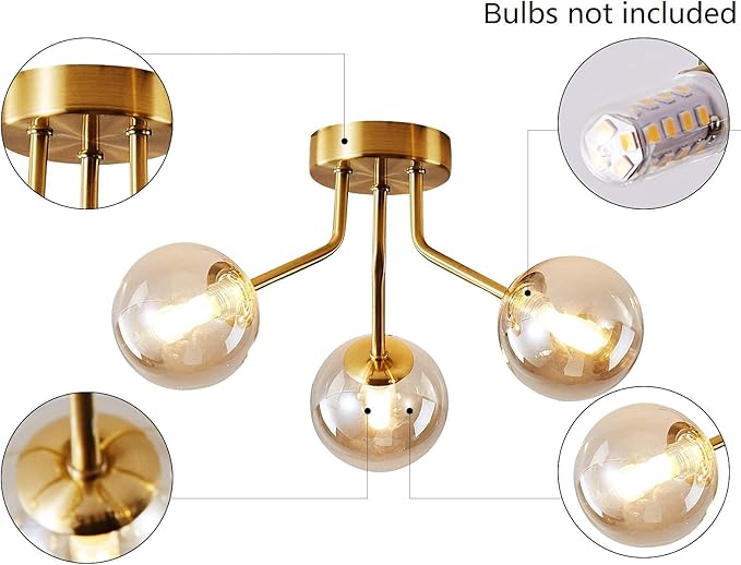 Modern Sputnik Chandeliers 3 Light Gold Semi Flush Mount Ceiling Light Fixture Pendant Lamps Bulbs with Glass Globe Lighting for Bedroom Kitchen Dining Room Office