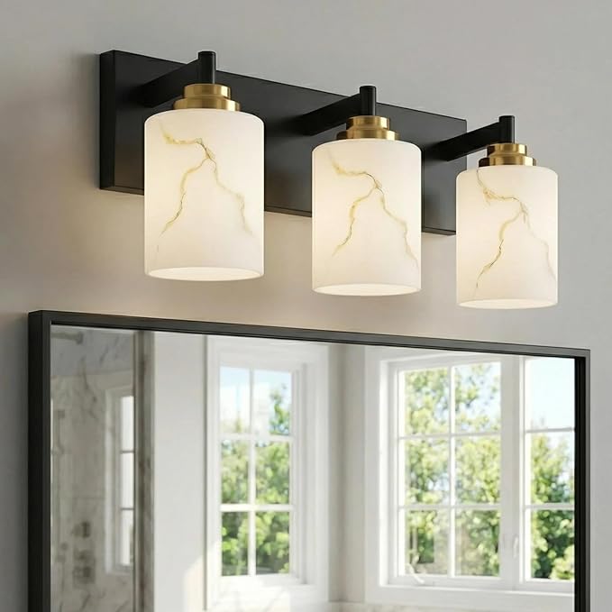 3-Light Bathroom Light Fixture, Black and Gold Modern Vanity Light with White Marble Glass Shade, for Bathroom Mirror, Living Room, Bedroom, Hallway, E26 Base, Extended Base