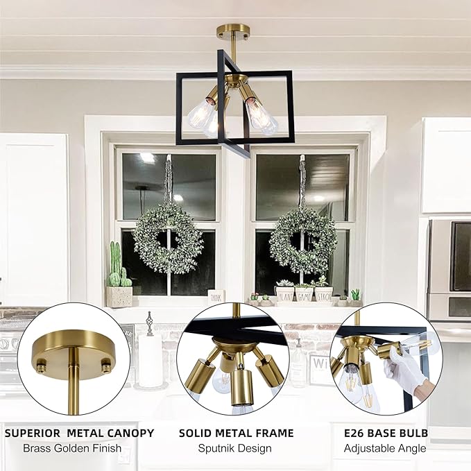 Farmhouse Industrial Ceiling Light Fixtures, 4-Light Vintage Modern Rectangle Black Gold Flush Mount Light Fixture with Rotatable Metal Square Frame for Kitchen Hallway Entryway Foyer Living Bedroom