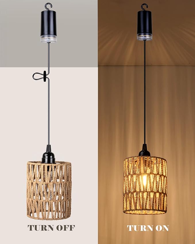 Battery Operated Chandelier, Battery Hanging Pendant Light, Rattan Lights with Warm White Bulb, 4*AA Battery Powered, for Gazebo Pergola Porch Patio Outdoor Indoor Decor (2)