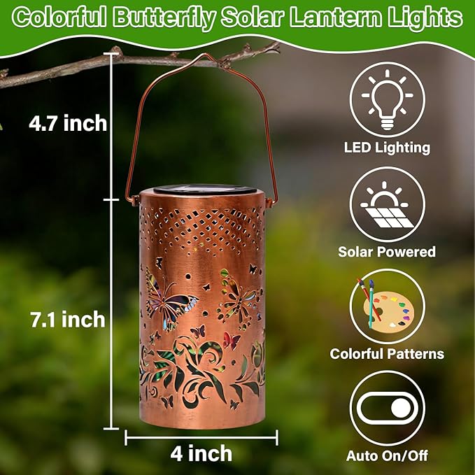 Colorful Solar Lanterns Outdoor Waterproof, Garden Decor LED Butterfly Solar Lights Gifts for Women Mom Sister Grandma, Metal Hanging Lantern for Outside Table Tree Garden Patio Yard Lawn Porch Decor