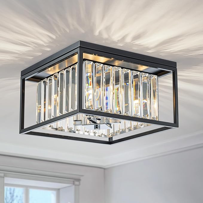 LumFurn 4-Lights K9 Crystal Ceiling Light, Close to Ceiling, 2-Tier Square Flushmount Light Fixture for Living Room, Foyer, Bedroom, L12 x W12 x H7, Clear Crystal, Black & Chrome Finish