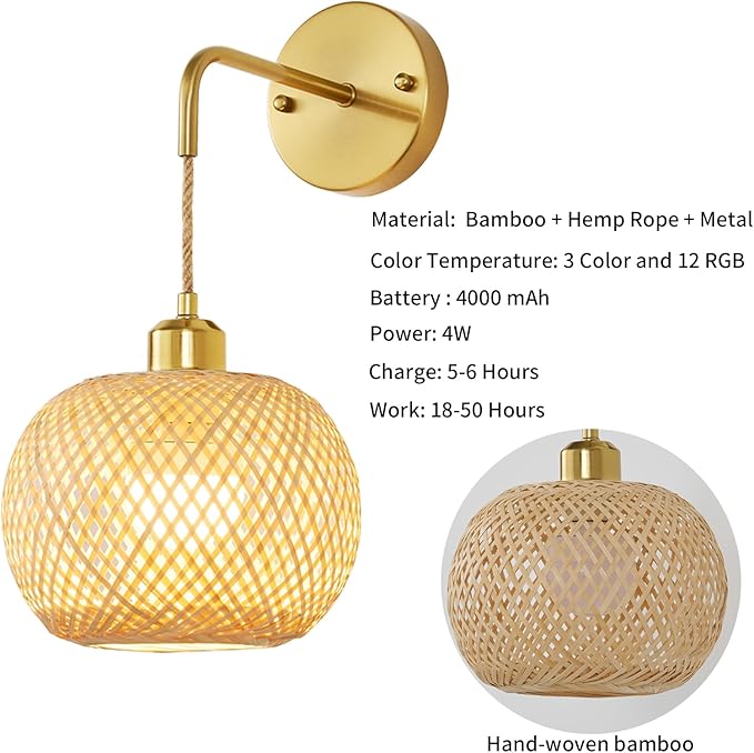 Vitnucrol Battery Operated Wall Sconces Set of 2 with Remote, Rechargeable Boho Rattan Battery Powered Wall Lights/Lamps, Wireless Lighting Fixtures for Bedroom Farmhouse, 15 Colors Dimmable, Gold