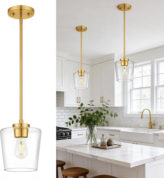 Pendant Lights Kitchen Island, 8" Brushed Gold Hanging Light Fixtures with Clear Glass Shade, Modern Kitchen Pendant Lighting Over Island for Dining Room, AD-22004-1PL-GD-C