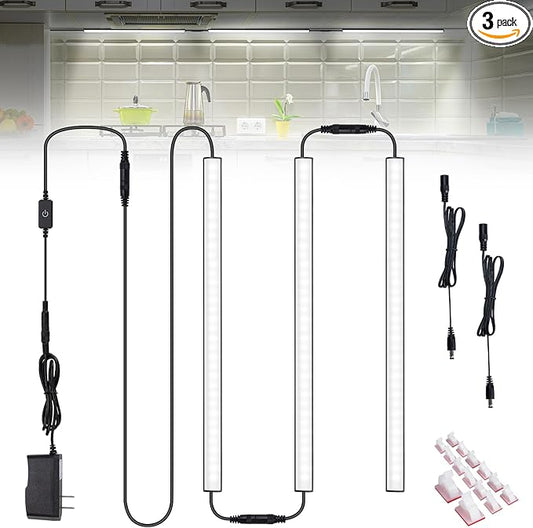 3 Pcs 12 Inch LED Under Cabinet Lighting, Black Shell Under Counter Lighting 6000K Cool White, Dimmable Closet Light, Plug and Play, LED Light Bars for Kitchen Cabinet, Cupboard, Closet, Desk