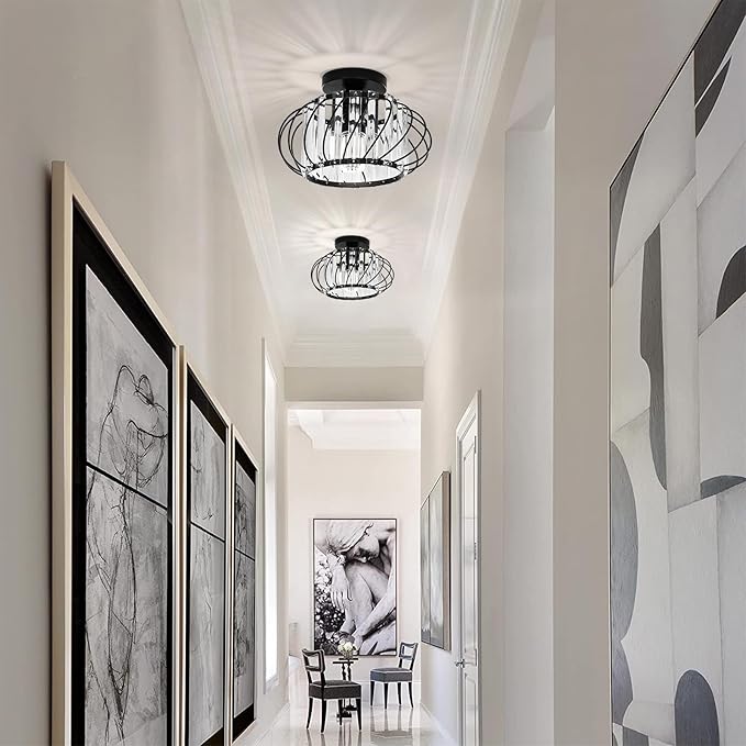 Black Crystal Ceiling Light Fixture - Small Crystal Chandelier Semi Flush Mount Ceiling Light Modern Hallway Lights fixtures for Entryway Bedroom Porch Kitchen (11 Inch, Bulb not Included)