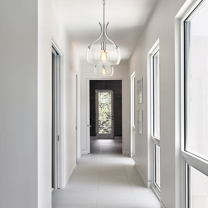 Glass Pendant Lights Kitchen Island, 11.8" Brushed Nickel Industrial Pendant Lighting, Modern Hanging Light Fixture with Glass Shade for Dining Room Kitchen Sink Hallway Entryway