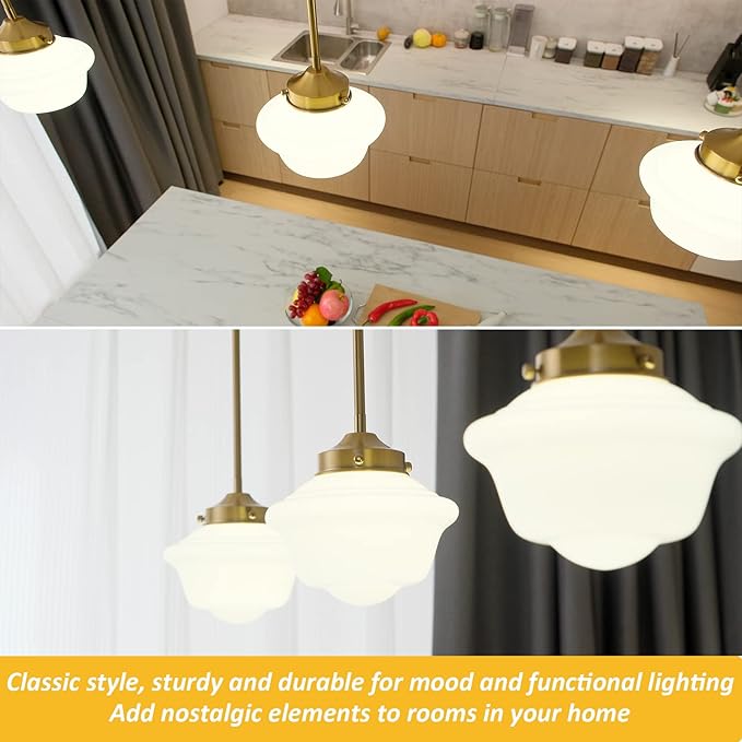 Schoolhouse Pendant Light Set of 3, 8" Brass Gold Pendant Lights with Milk Glass Shade, Farmhouse Ceiling Light Fixtures for Kitchen Dinning Room Living Room Bedroom Hallway