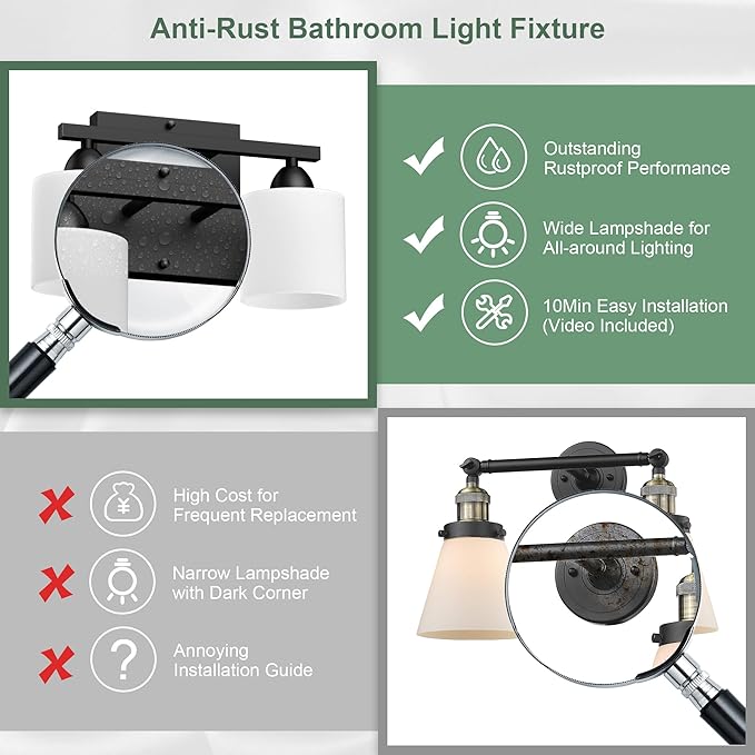 Black Bathroom Lights Over Mirror, Anti-rust Vanity Light Fixture for Bathroom, Modern 2-Light Wall Sconce Light for Living Room, Standard E26 Base, Milky White Glass Shades, Bulbs Not Included