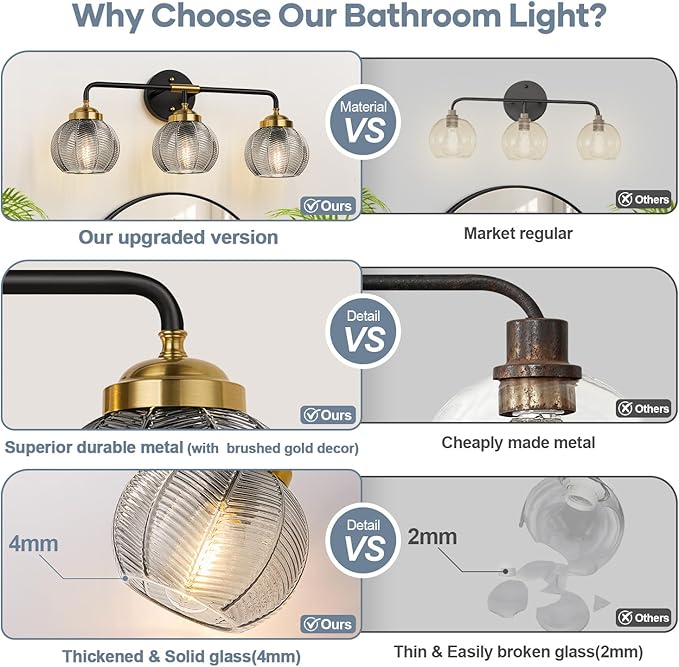 MOKATNG Bathroom Light Fixtures, 3-Light Smokegray Vanity Lights with Unique Leaf Texture Glass Shade, Modern Matte Black and Gold Bathroom Wall Lamp for Mirror Hallway Cabinet Living Room