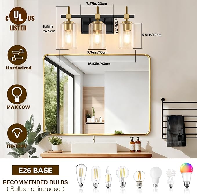Asnxcju 3-Light Black and Gold Bathroom Light Fixtures, Vanity Lights for Bathroom with Textured Glass Shade, Modern Vanity Wall Lighting Over Mirror, Vintage Wall Lamp for Living Room Cabinet Hallway