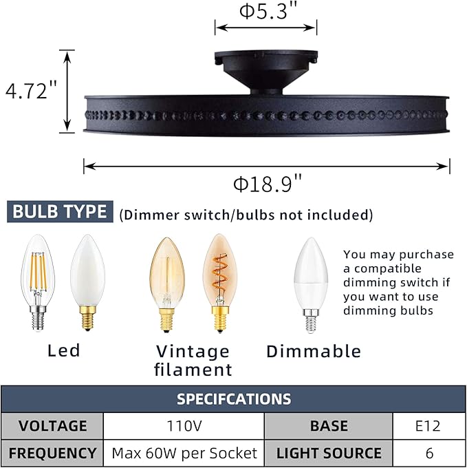 6-Lights Rustic Metal Ceiling Light Fixture Black Round Industrial Living Room Light Semi-Flush Mount Farmhouse Chandelier for Kitchen Island Dining Room Entryway Bedroom Hallway