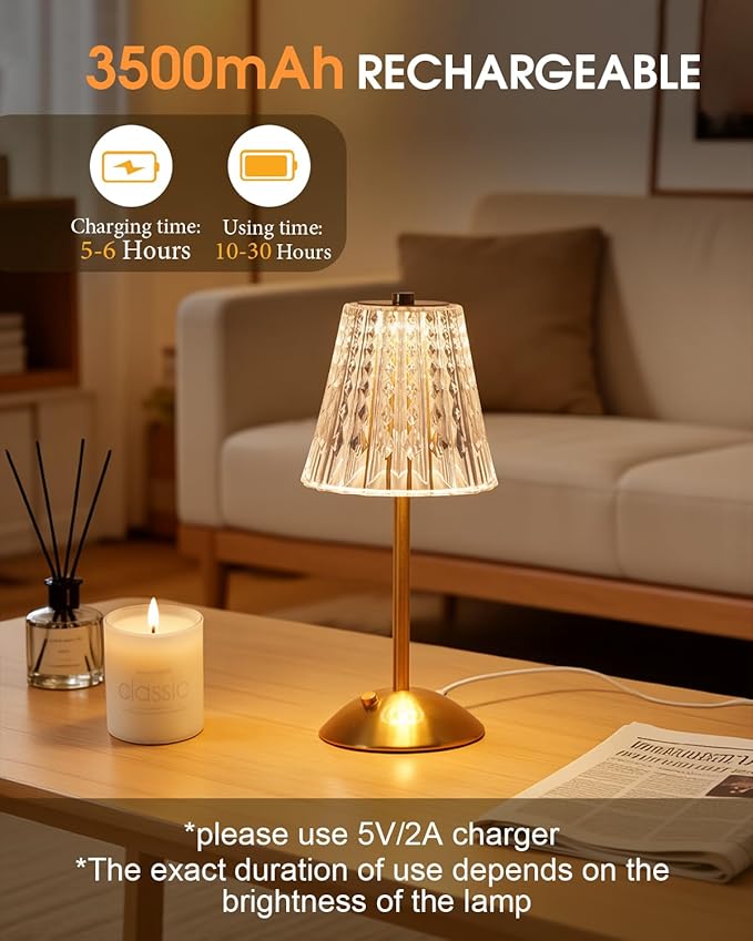 Nusogon Rechargeable Cordless Table Lamp, Touch Control Crystal Desk Lamp with 3500mAh Battery, 3 Color Dimmable LED Small Lamp for Bedroom Bedside Restaurant Kitchen Home Decor