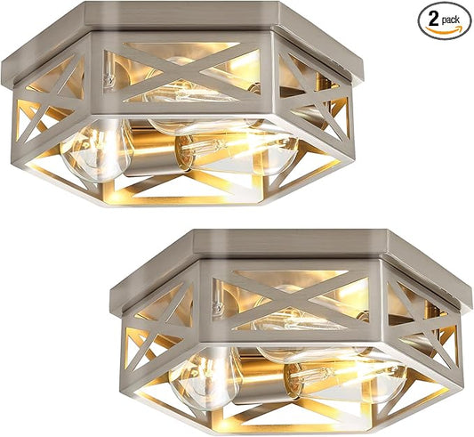 2 Pack Industrial 3-Light Semi Flush Mount Ceiling Light Fixture,Moder Brushed Nickel Sputnik Ceiling Lighting,Farmhouse Chandelier E26 Base Pendant Lamps